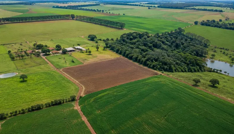 Vista aérea de propriedade rural com talhões, estradas de terra, sede e área de mata