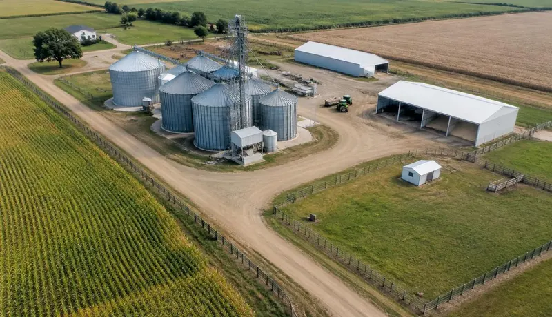 Vista aérea de silos de grãos, galpões, cercas e estrada interna em propriedade rural