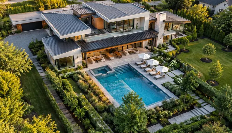 Vista aérea de residência moderna com piscina e jardim paisagístico ao entardecer