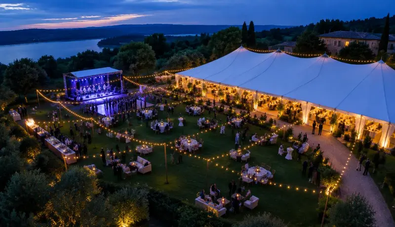 Vista aérea noturna de evento ao ar livre com tenda iluminada, palco e convidados
