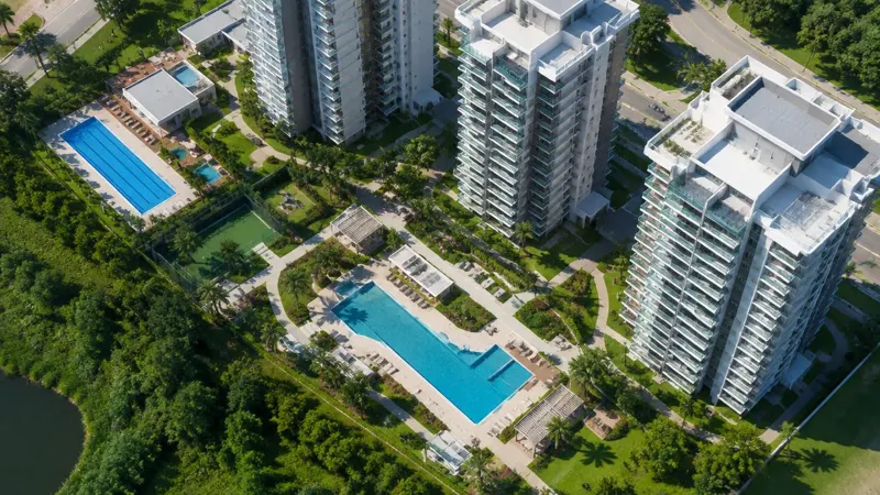 Condomínio residencial com piscinas e áreas verdes visto do alto