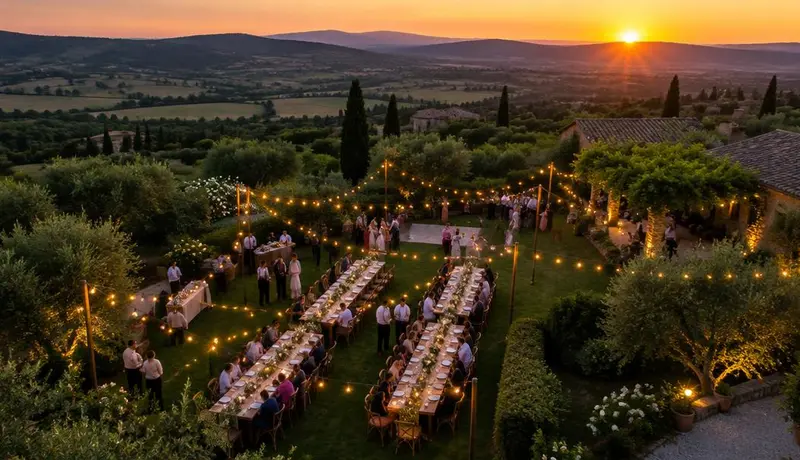Vista aérea ao pôr do sol de celebração em jardim com mesas decoradas, varais de luzes e convidados