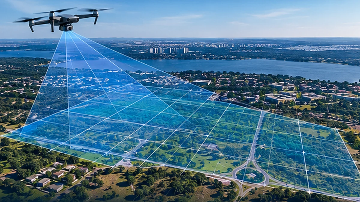 Ilustração conceitual de mapeamento aéreo com drone sobre área georreferenciada