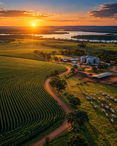 Vista aérea de fazenda com lavoura, silos e gado ao pôr do sol
