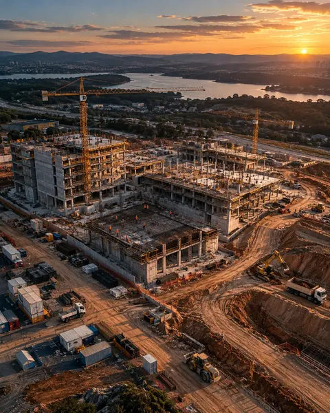 Vista aérea de canteiro de obras com guindastes ao entardecer