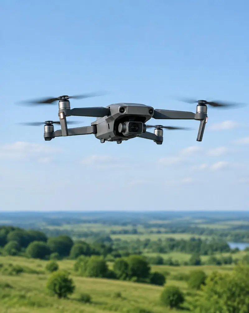 Drone profissional com câmera estabilizada pairando sobre paisagem verde aberta